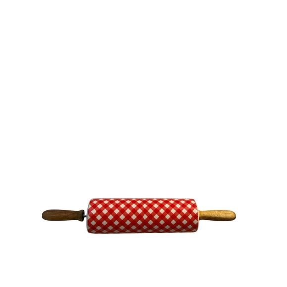 Pioneer Woman 18" rolling pin red white checkered retired wooden handles - Picture 1 of 5